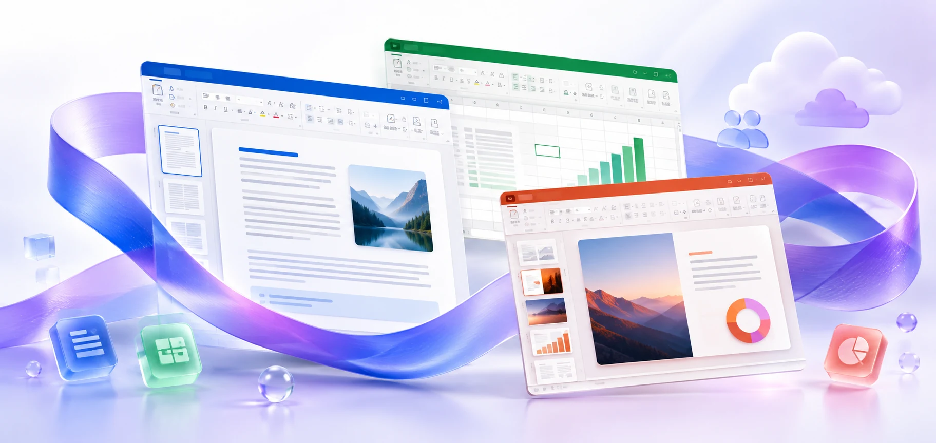 Microsoft 365 का प्रचार चित्र, जिसमें Word, Excel और PowerPoint के इंटरफ़ेस दिखाए गए हैं
