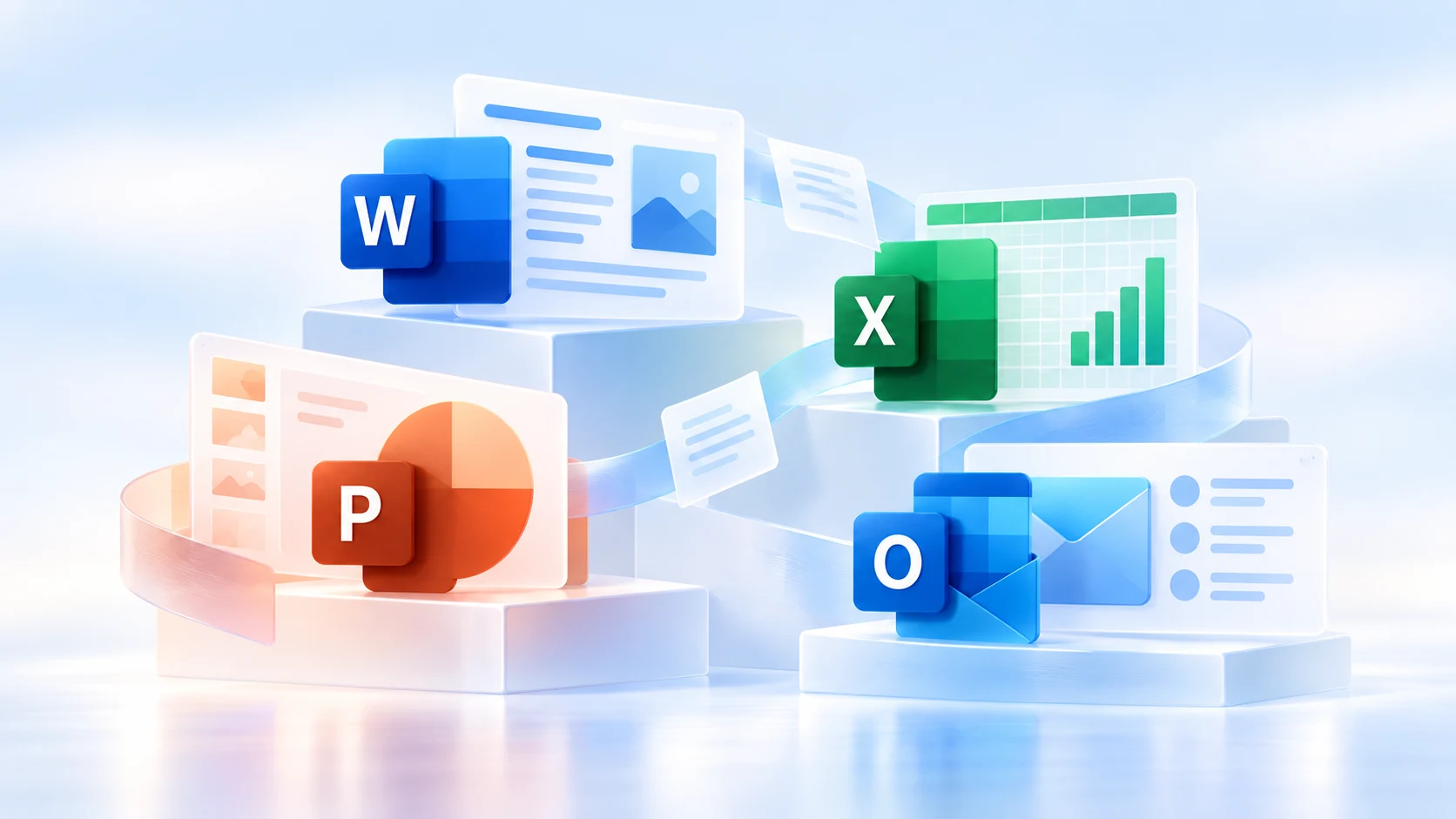 Microsoft Office 2019 ऐप का आधुनिक संग्रह: Word, Excel, PowerPoint और Outlook।