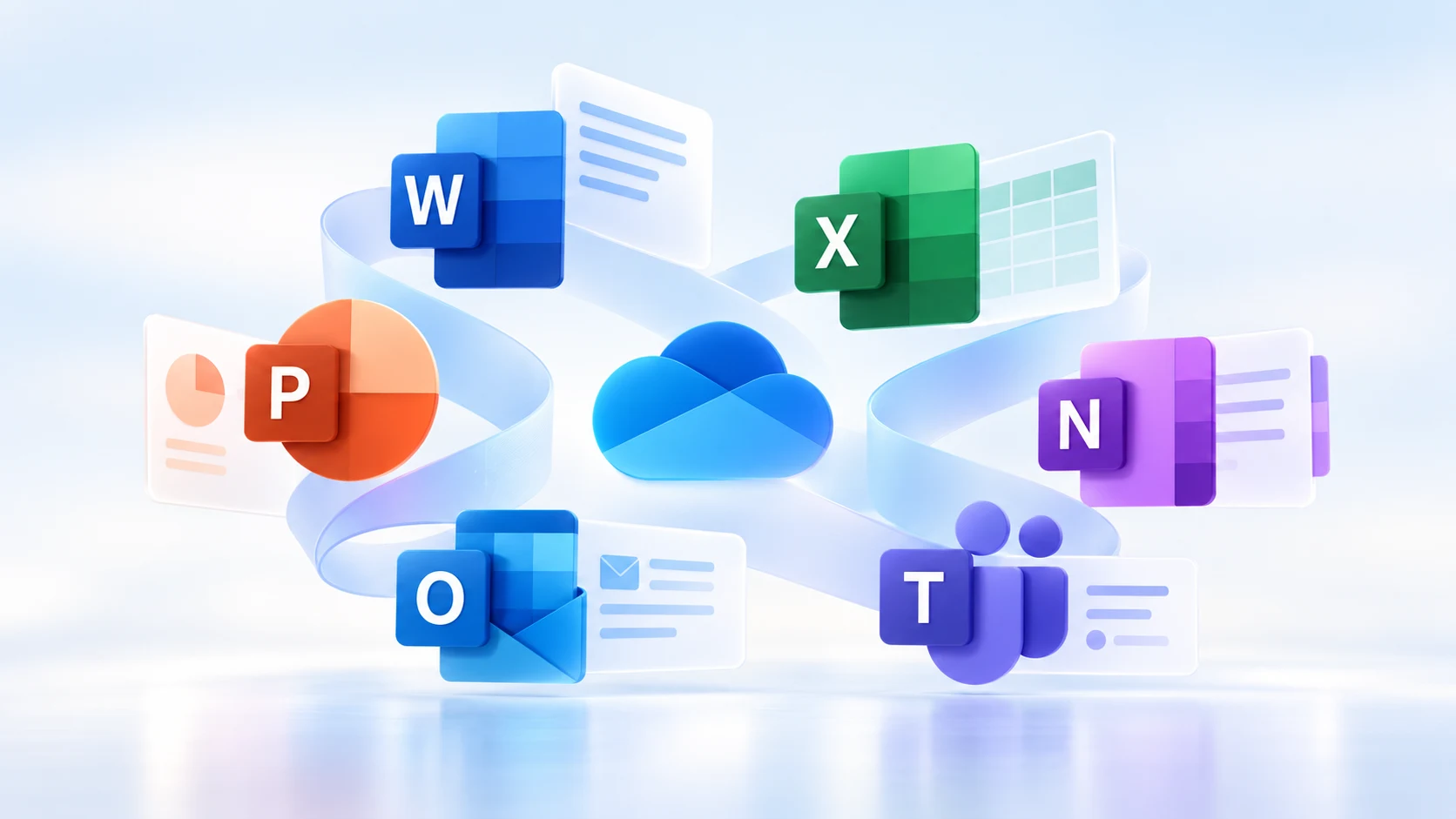 A modern arrangement of Microsoft 365 apps: Word, Excel, PowerPoint, Outlook, OneNote, Teams, and OneDrive.