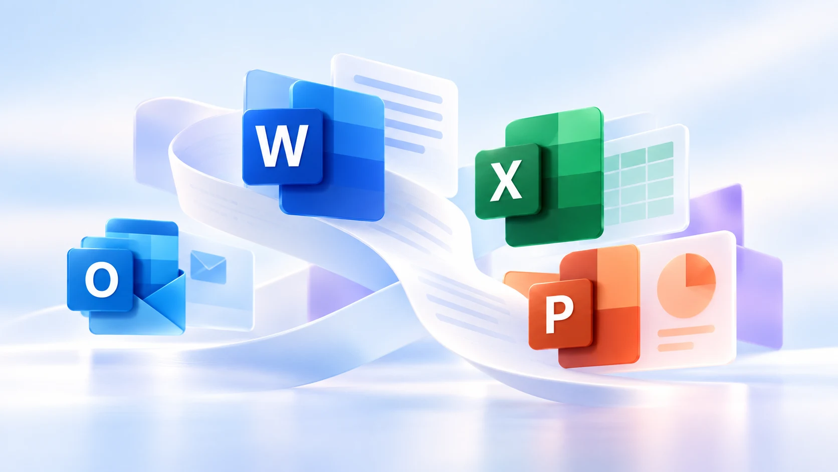Modern composition of Microsoft Office 2021 apps: Word, Excel, PowerPoint and Outlook.