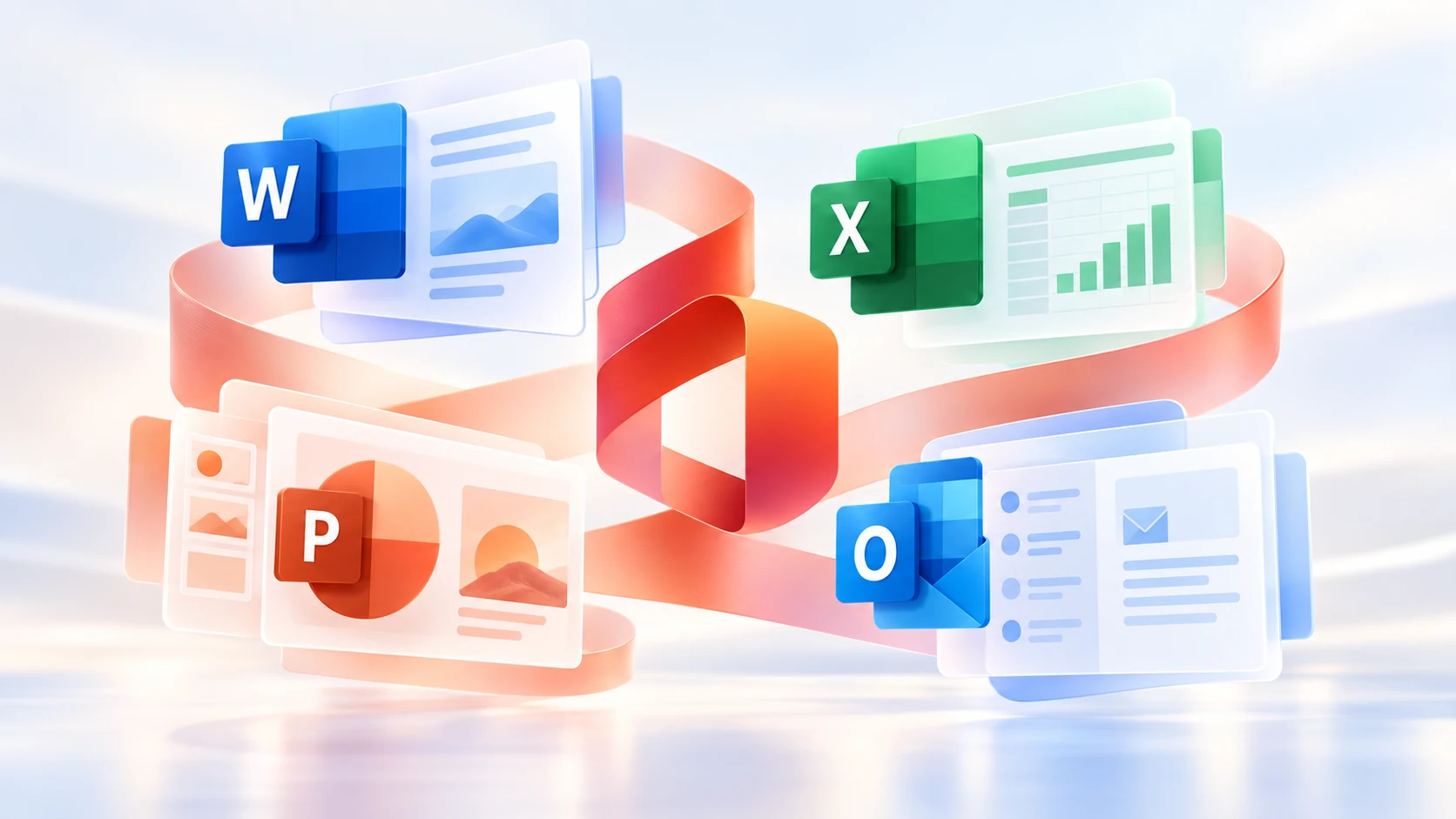Modern composition of Microsoft Office 2024 apps: Word, Excel, PowerPoint and Outlook.